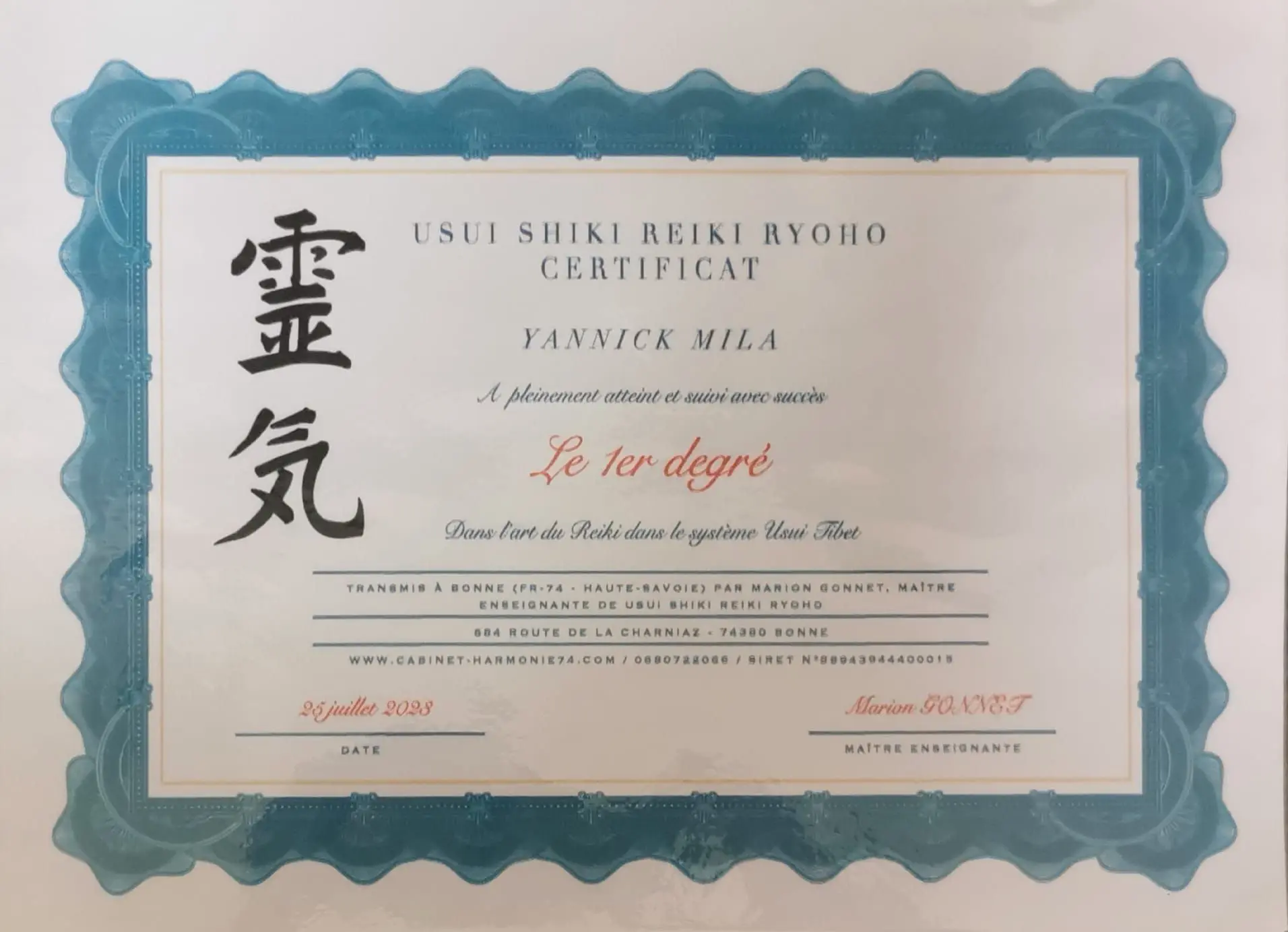 Diplome de Yannick Mila - Reiki Niveau 1